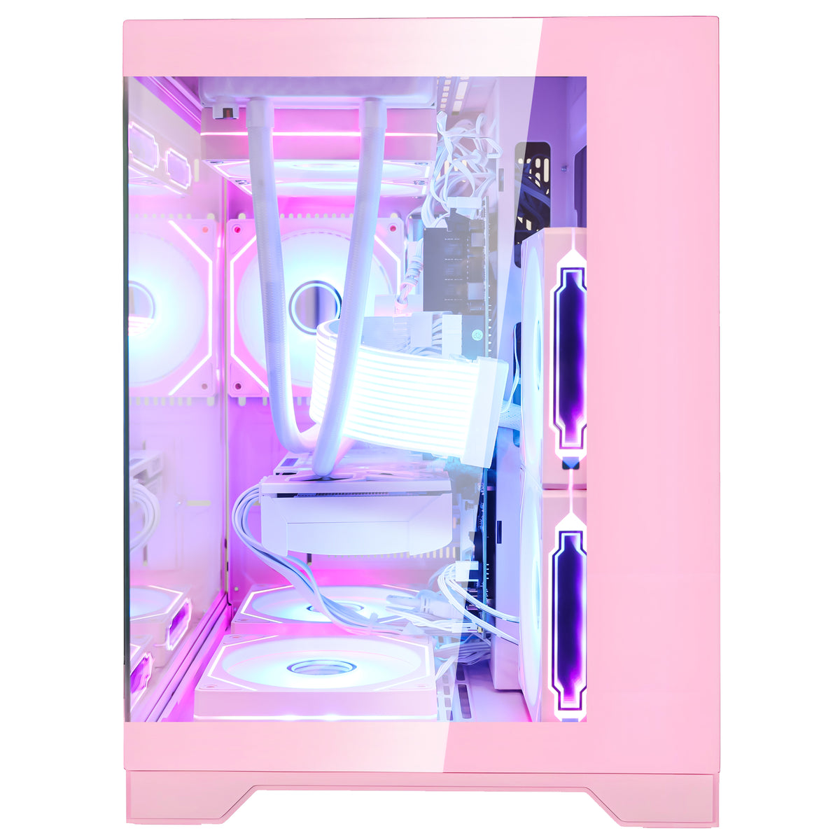Side-front interior view of the Hoengager Panorama Pink Gaming PC featuring an AMD Ryzen 5 5500 and RX 9060 XT 16GB, highlighting the white liquid cooler and pink-white RGB fans.