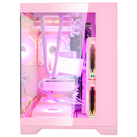 Direct side profile through the glass panel of the Hoengager Panorama Pink desktop, showcasing the white motherboard, Ryzen 5 5500 liquid block, RX 9060 XT 16GB, and pink RGB lighting.