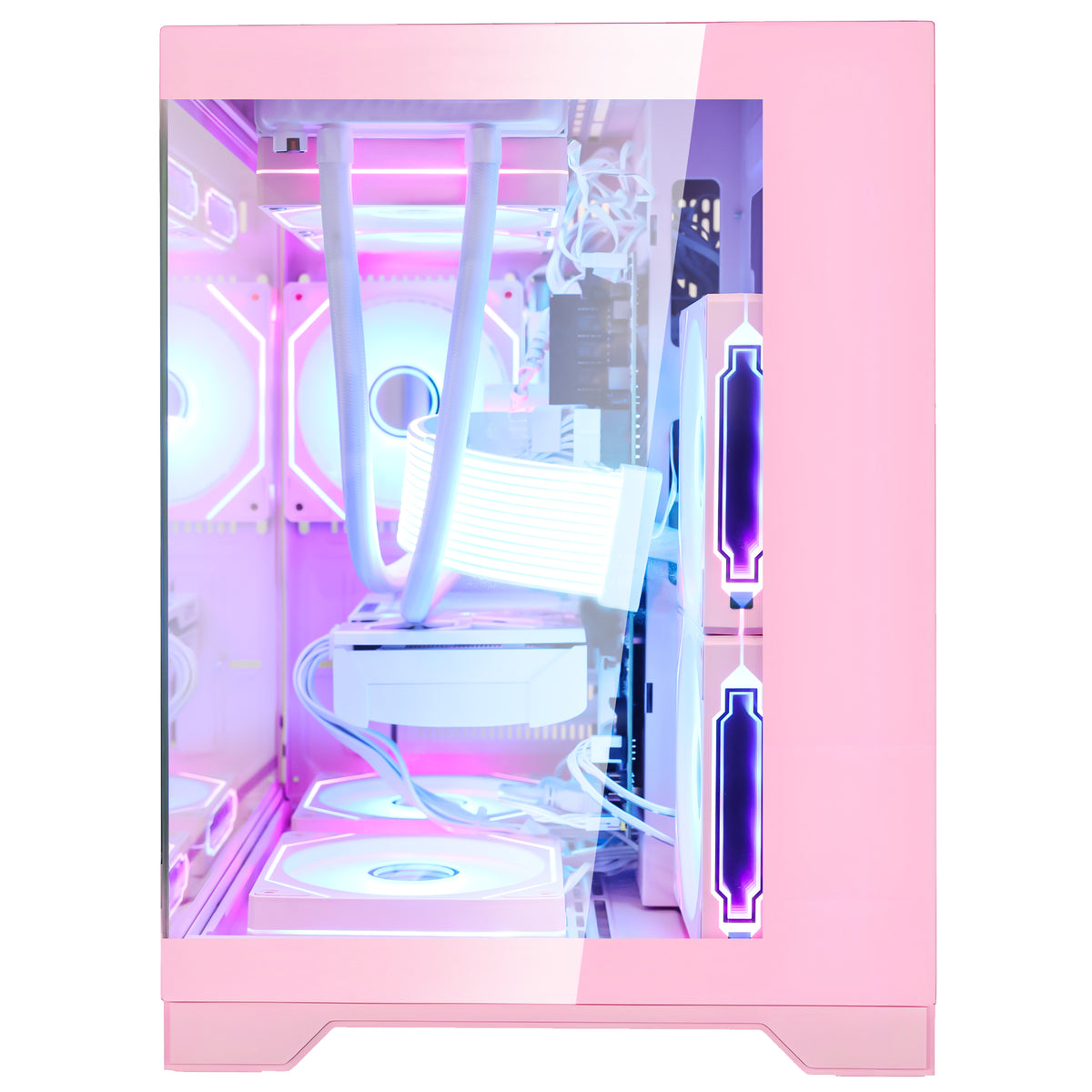 Transparent side view of the Hoengager Panorama Pink gaming case, displaying the white internal hardware layout, RX 9060 XT 16GB GPU, and Ryzen 5 5500 cooling system with pink LEDs.