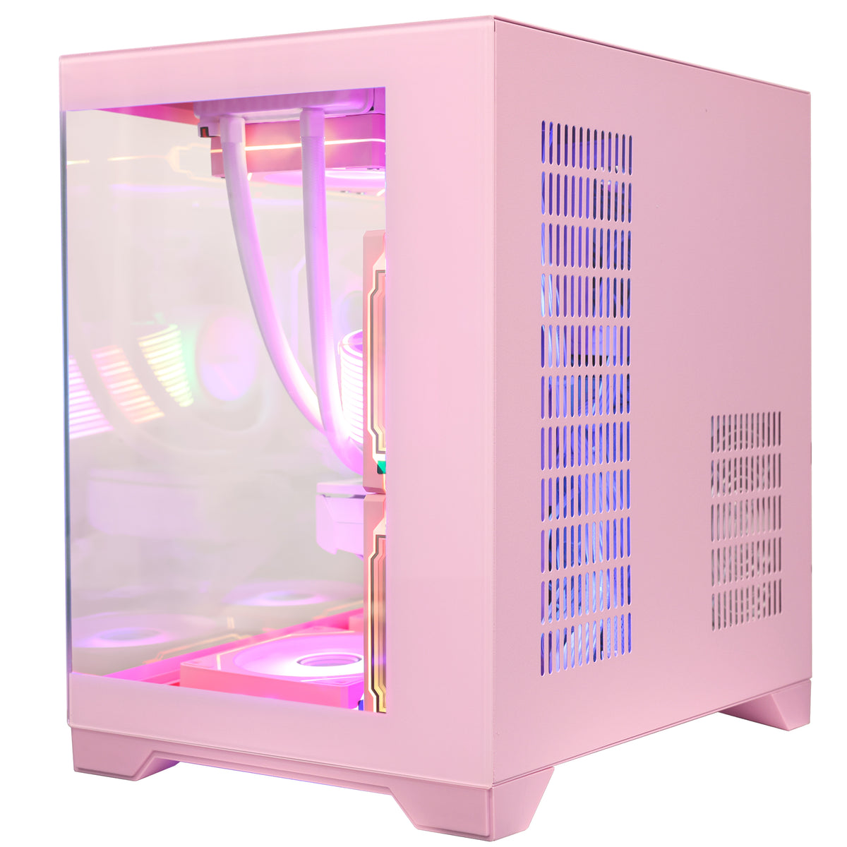 Right rear angle of the Hoengager Panorama Pink gaming desktop, displaying the pink metal side panel with dual vertical ventilation vents for the Ryzen 5 5500 and RX 9060 XT 16GB system.