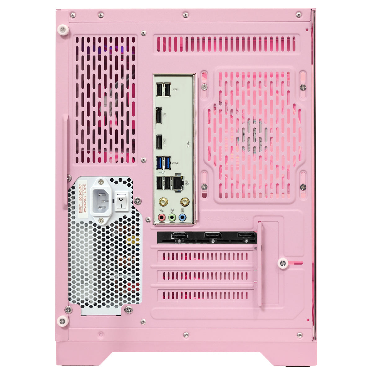 Rear panel view of the Hoengager Panorama Pink PC equipped with an RX 9060 XT 16GB and Ryzen 5 5500, showing motherboard I/O ports, PCIe slots, and a bottom-mounted white power supply.