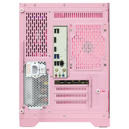 Back I/O and airflow exhaust design of the Hoengager Panorama Pink computer, powered by an AMD Ryzen 5 5500 and AMD RX 9060 XT 16GB.