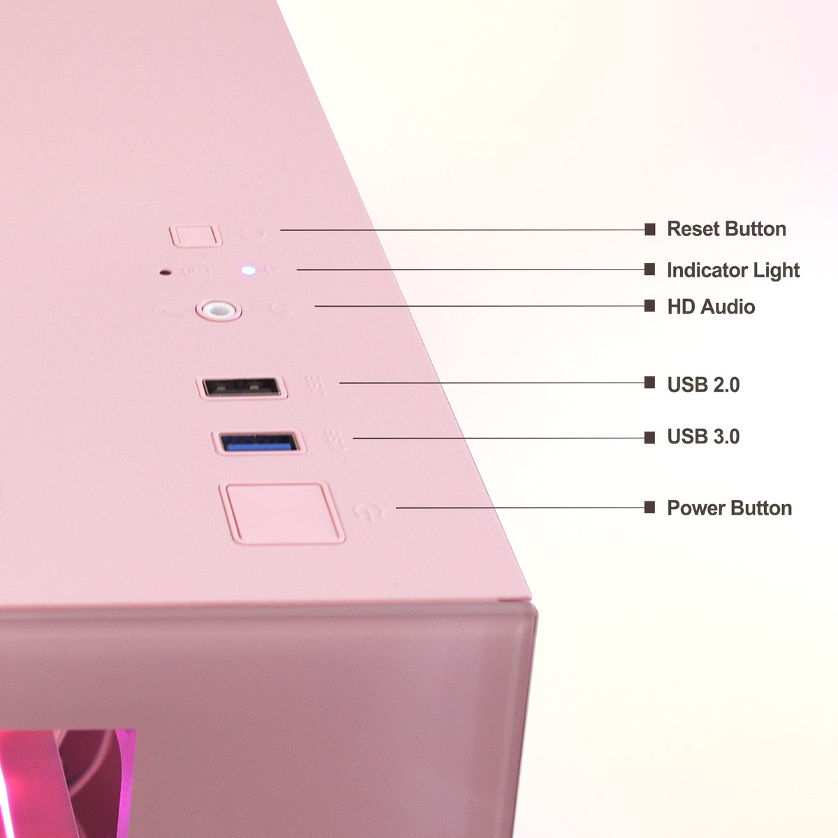 Close-up of the top I/O interface on the Hoengager Panorama Pink case, featuring power, reset, USB 3.0, and HD audio ports for the Ryzen 5 5500 and RX 9060 XT 16GB build.