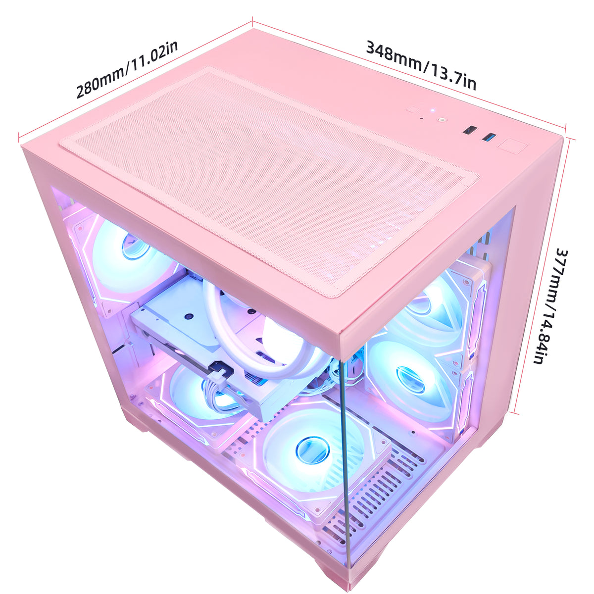 Exterior dimensions diagram of the Hoengager Panorama Pink PC (280mm W x 348mm D x 377mm H), detailing the compact footprint for this RX 9060 XT 16GB and Ryzen 5 5500 system.