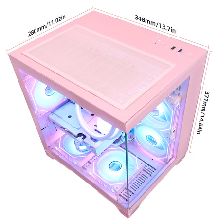 Exterior dimensions diagram of the Hoengager Panorama Pink PC (280mm W x 348mm D x 377mm H), detailing the compact footprint for this RX 9060 XT 16GB and Ryzen 5 5500 system.