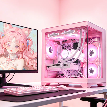 Complete cute gaming desk setup featuring the Hoengager Panorama Pink PC with Ryzen 5 5500 and RX 9060 XT 16GB, displayed on a white desk with pink-white peripherals and an anime monitor wallpaper.
