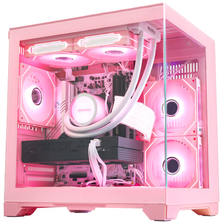 Hoengager Panorama Pink Edition gaming PC featuring AMD Ryzen 5 5600X and RTX 3050 6GB GPU with full view glass chassis and white RGB lighting