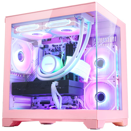 Front panoramic glass view of Hoengager Panorama Pink prebuilt PC showing liquid CPU cooler and white sleeved power cables