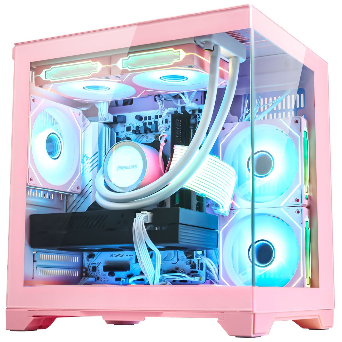 Top perspective view of Hoengager Panorama Pink gaming PC with magnetic top dust filter and top I/O ports