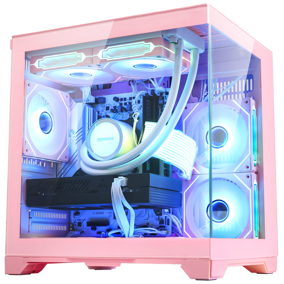 Right side metal panel of Hoengager Panorama Pink gaming PC chassis with vertical ventilation grilles