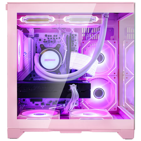 Top I/O port diagram of Hoengager Panorama Pink PC showing Power Button, USB 3.0, USB 2.0, HD Audio, and Reset Button