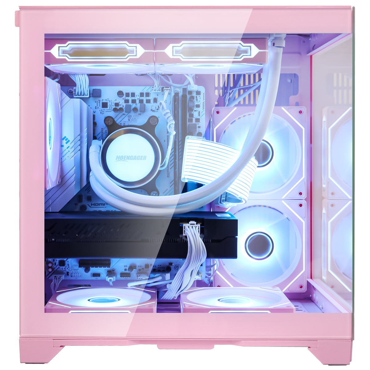 Hoengager Panorama Pink Edition gaming PC featuring AMD Ryzen 5 5600X and RTX 3050 6GB GPU, displaying a pink glass case with dual-fan liquid cooling and RGB lighting