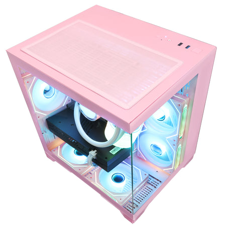 Top isometric perspective of Hoengager Panorama Pink gaming desktop PC with top dust filter mesh and dual-chamber glass panel