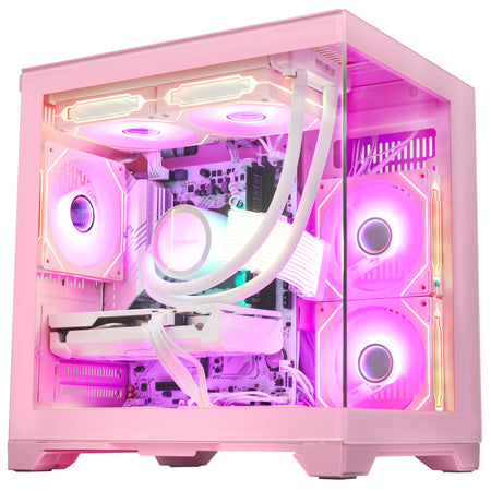 Close-up of the internal hardware in the Hoengager Panorama Pink case, featuring the RTX 5060 8GB graphics card and white cooling components.