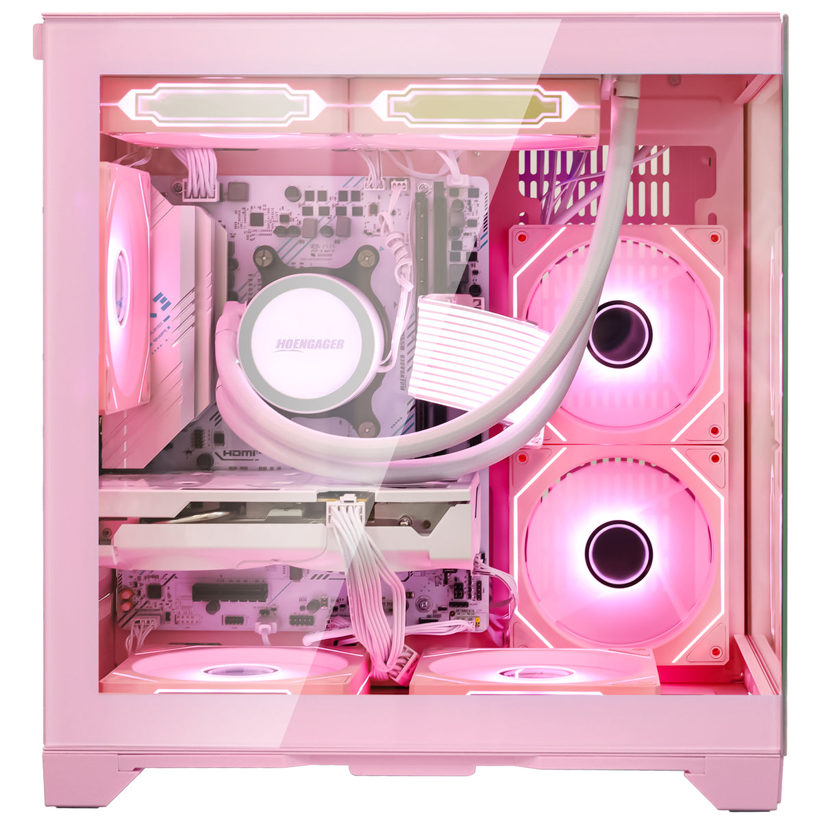 Detailed view of the NVIDIA RTX 5060 8GB GPU installed within the Hoengager Panorama Pink desktop system.