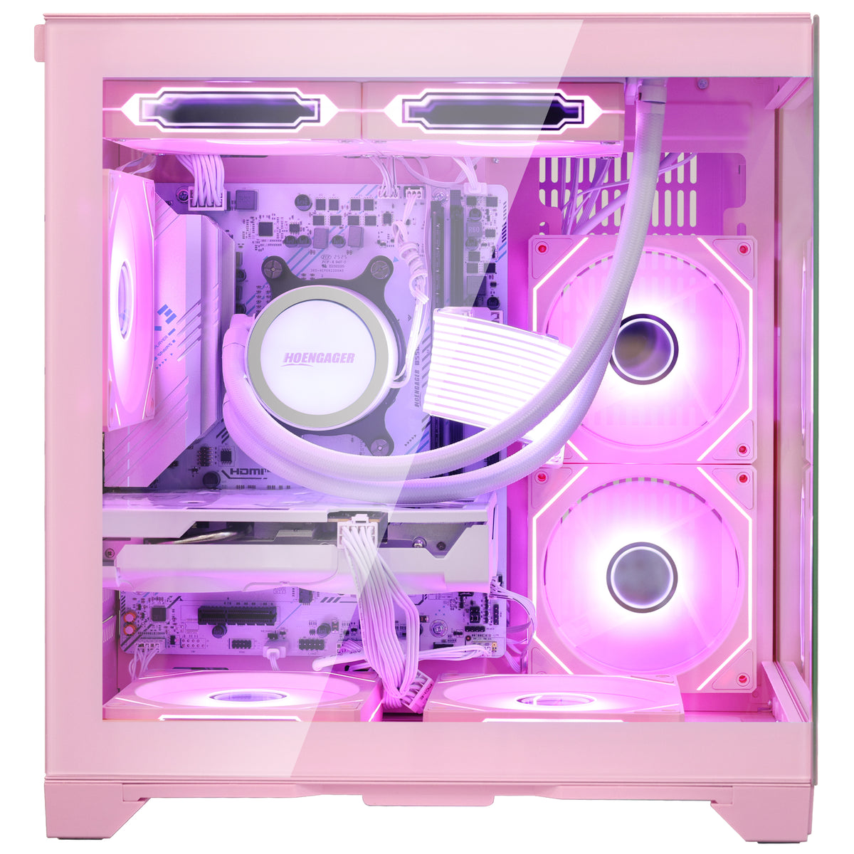 Front-right angled view of the Hoengager Panorama Pink PC, showcasing the sleek pink metal aesthetic for this Ryzen 5 5600X and RTX 5060 8GB build.