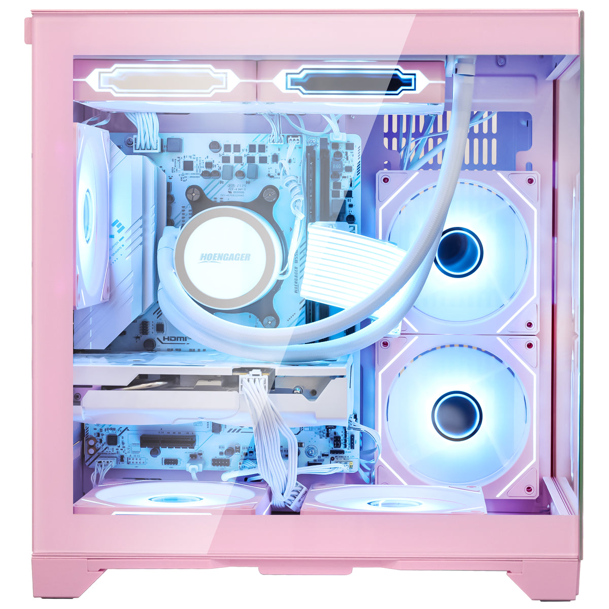 Interior RGB lighting display of the Hoengager Panorama Pink gaming case, illuminating the Ryzen 5 5600X and RTX 5060 8GB components.