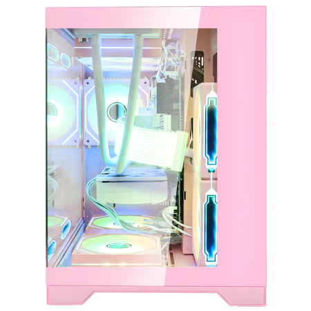 Lifestyle gaming setup featuring the Hoengager Panorama Pink desktop computer with Ryzen 5 5600X and RTX 5060 8GB in a bright, modern room environment.