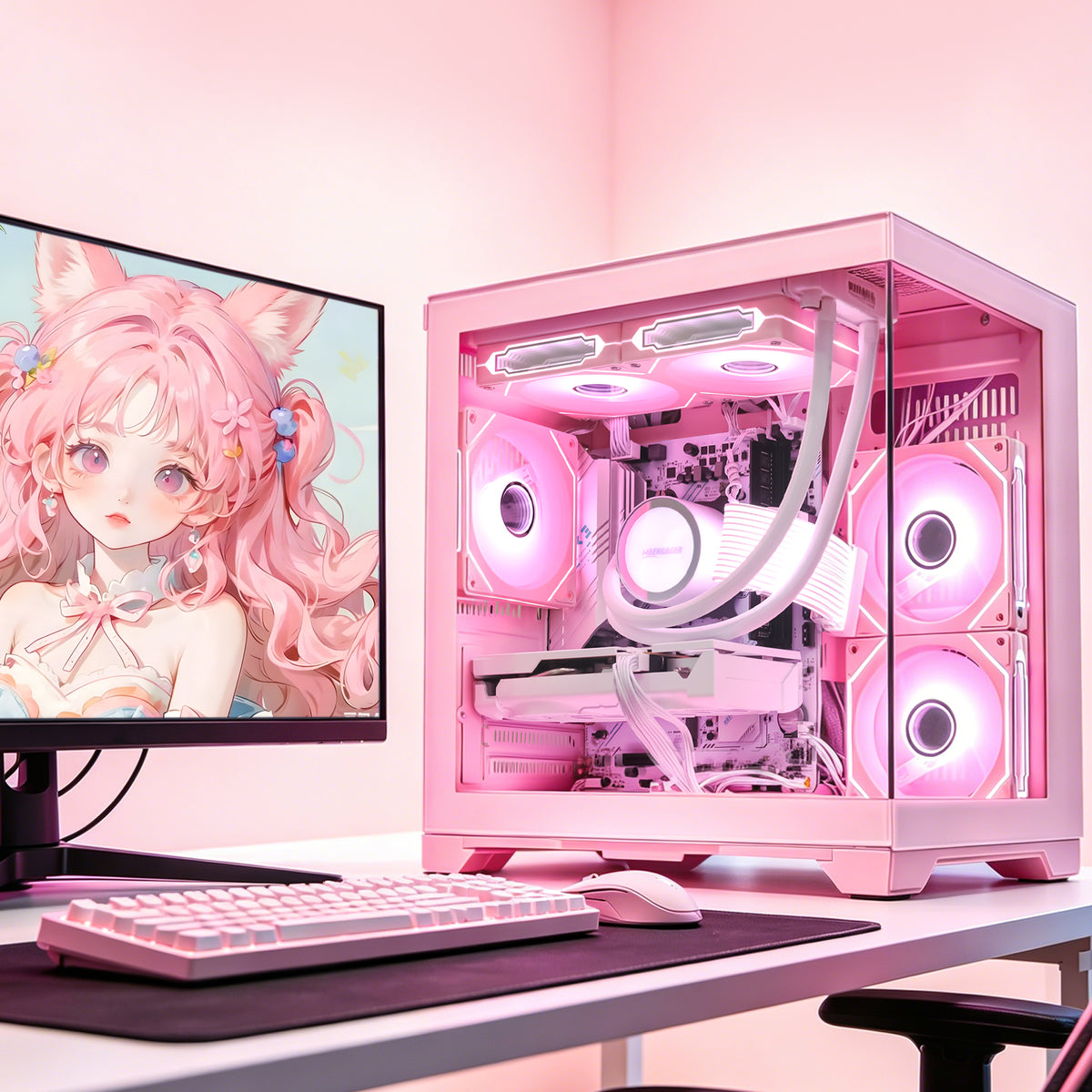 Complete cute gaming desk setup featuring the Hoengager Panorama Pink PC with Ryzen 5 5600X and RTX 5060 8GB, displayed on a white desk with pink-white peripherals and an anime monitor wallpaper.