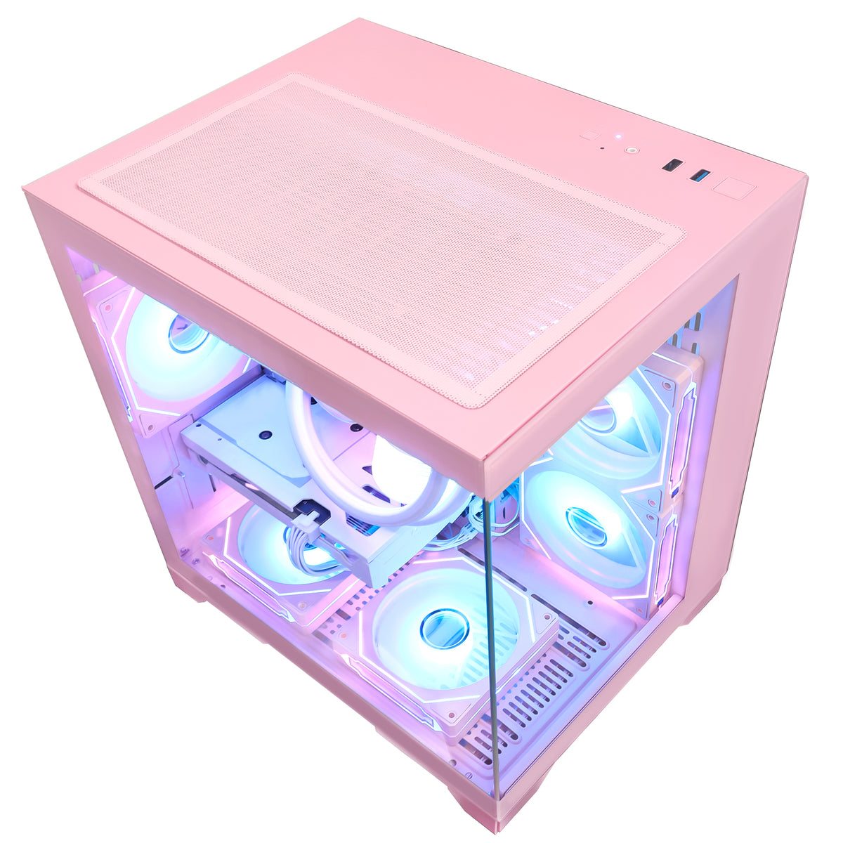 Top-down angled view of the Hoengager Panorama Pink PC with Ryzen 5 5600X and RX 9060 XT 16GB, featuring the white mesh dust filter, two top-mounted exhaust fans, and front dual-glass design.