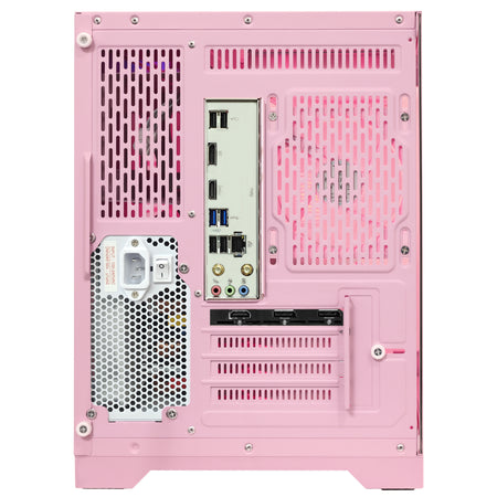 Rear panel view of the Hoengager Panorama Pink PC equipped with an RX 9060 XT 16GB and Ryzen 5 5600X, showing motherboard I/O ports, PCIe slots, and a bottom-mounted white power supply.