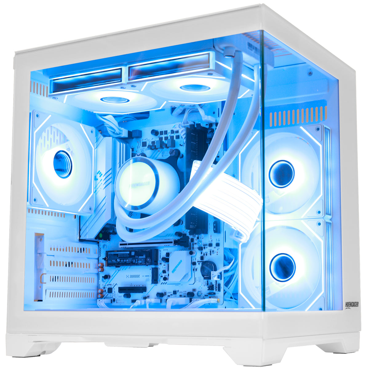 HOENGAGER GAMING computer RYZEN 5700G with integrated GPU with a transparent side panel, showcasing a custom PC build illuminated with bright blue LED lighting. The interior features a white liquid CPU cooler with a clear tube, dual white fans on the front, and a white top panel with integrated LED light strips.