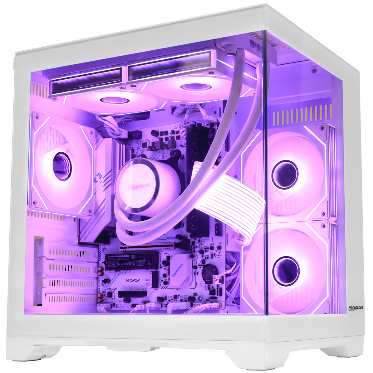 A Hoengager gaming computer Ryzen 5700g with VEGA 8 integrated GPU, with a glass side panel, showcasing a custom liquid CPU cooler and dual RGB fans illuminated in purple and pink inside