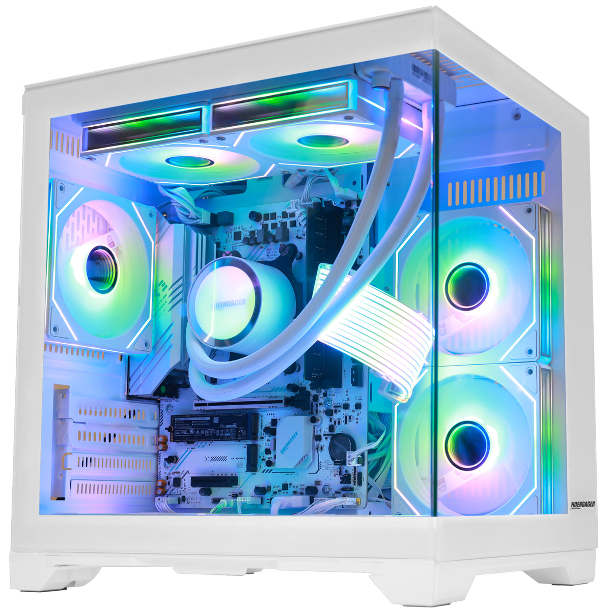 Hoengager Gaming computer with a transparent side panel, showcasing a custom PC build with RGB liquid cooling, dual CPU coolers, and four RGB fans. The case is photographed on a clean white background. 5700G vega 8