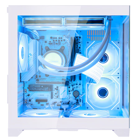 Hoengager White computer Panaroma gaming pc with a transparent side panel, showcasing a custom PC build with a liquid cooler, white fans, and blue LED lighting.
