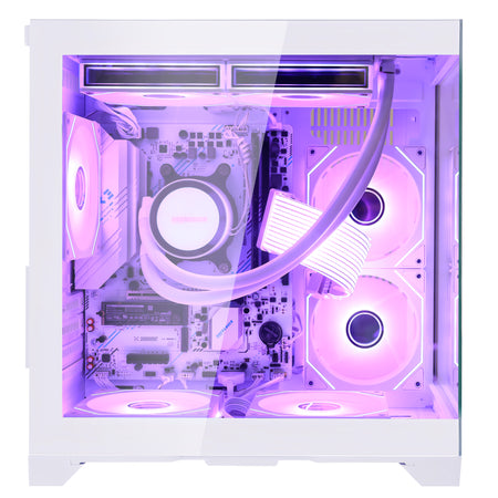 A white Hoengager Gaming computer  with a glass side panel, no dedicated GPU, showcasing a custom liquid CPU cooler and three illuminated purple RGB fans inside. Ryzen 5700g inside