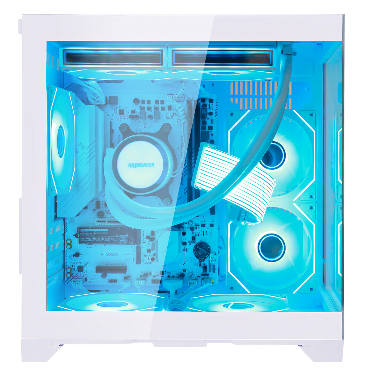 A white Hoengager gaming computer case with a transparent side panel, no dedicated GPU, showcasing a custom liquid CPU cooler with a white radiator and multiple glowing blue LED fans inside.