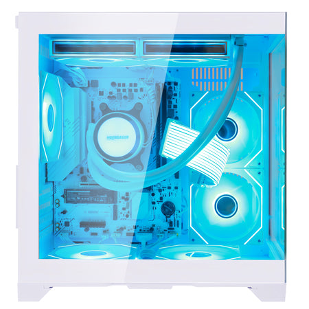 A white Hoengager gaming computer case with a transparent side panel, no dedicated GPU, showcasing a custom liquid CPU cooler with a white radiator and multiple glowing blue LED fans inside.