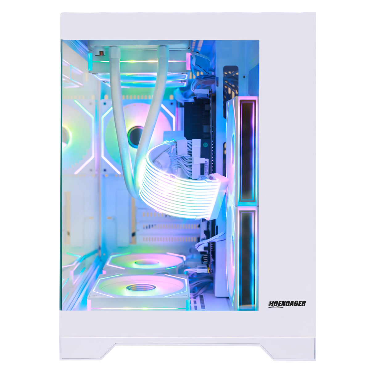 Hoengager Gaming PC 5700G with a transparent side panel, showcasing a custom PC build with white components and vibrant RGB lighting in blue, green, and pink. The HPGAGGER logo is visible on the bottom right corner of the case.