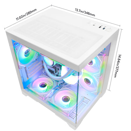 Hoengager Panorama 5700G Integrated GPU with transparent side panel and visible RGB-lit internal fans, shown with dimension labels for width, depth, and height on a light gray background.