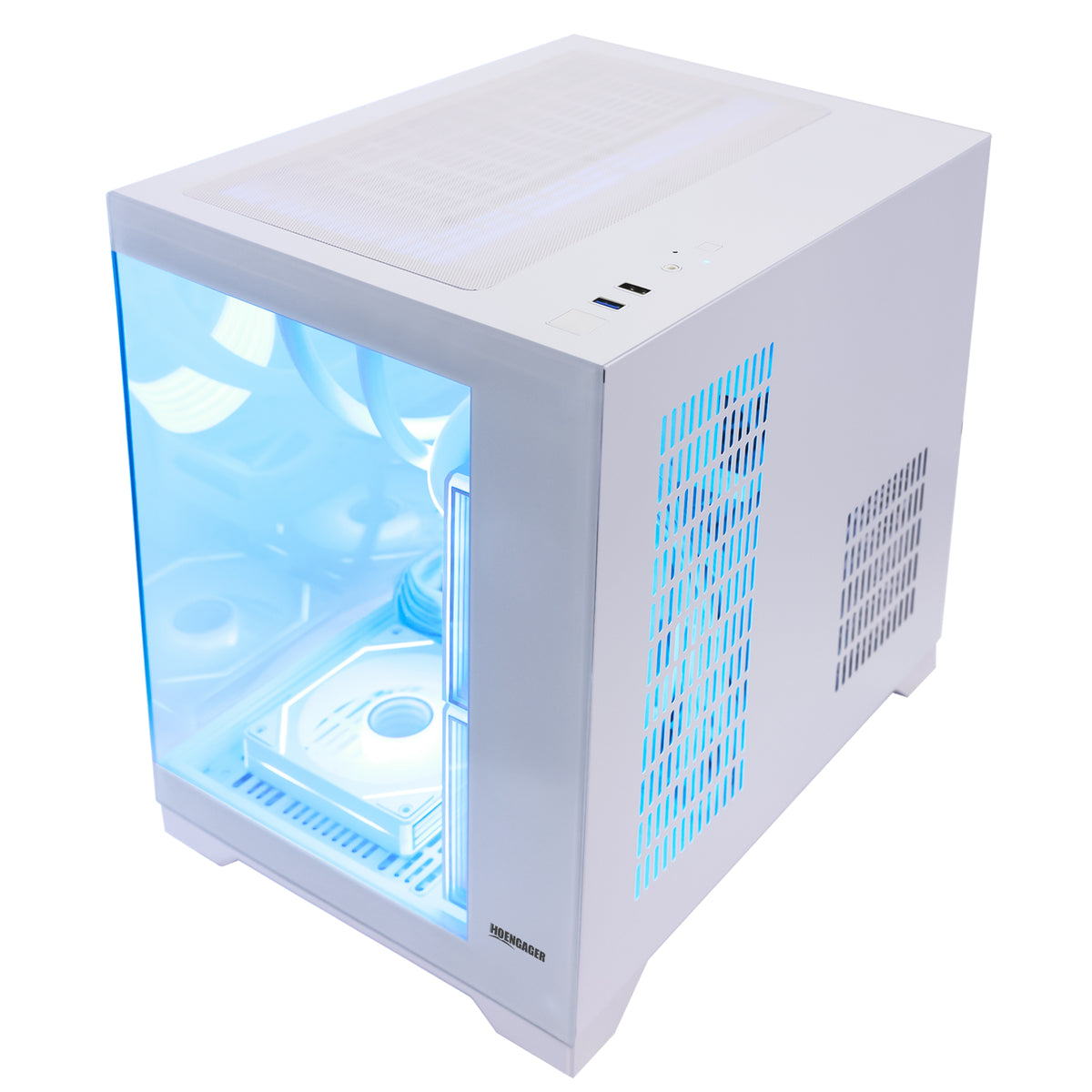 Hoengager Gaming PC 5700G with Integrated Graphics card with glass side panel on a white background