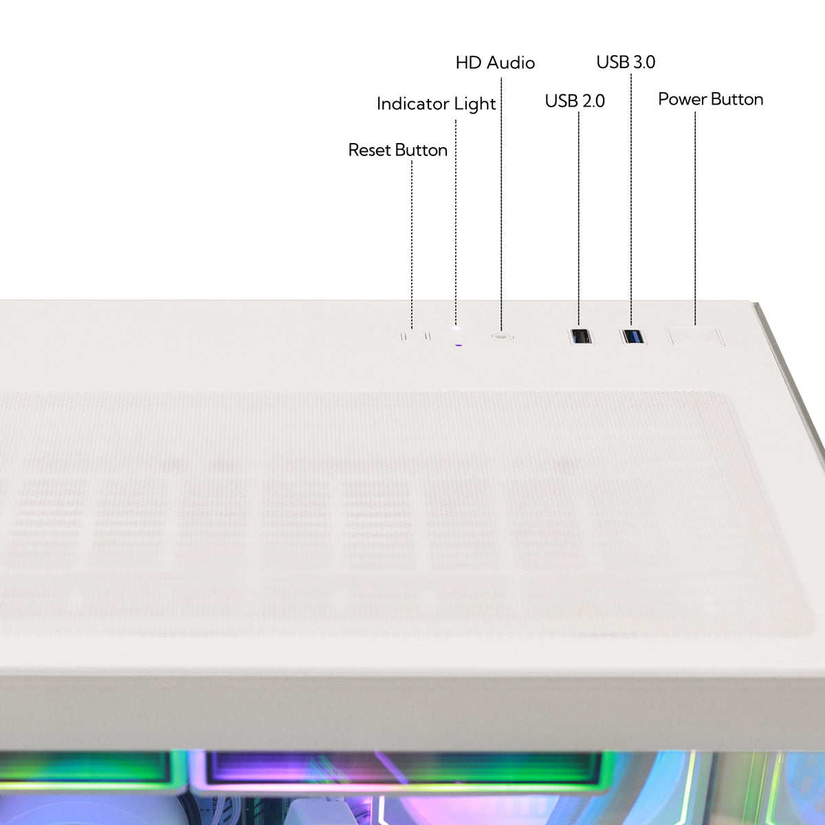 Close-up of the top panel of a white computer case showing labeled ports and buttons: HD Audio, USB 3.0, USB 2.0
