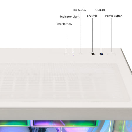 Close-up of the top panel of a white computer case showing labeled ports and buttons: HD Audio, USB 3.0, USB 2.0