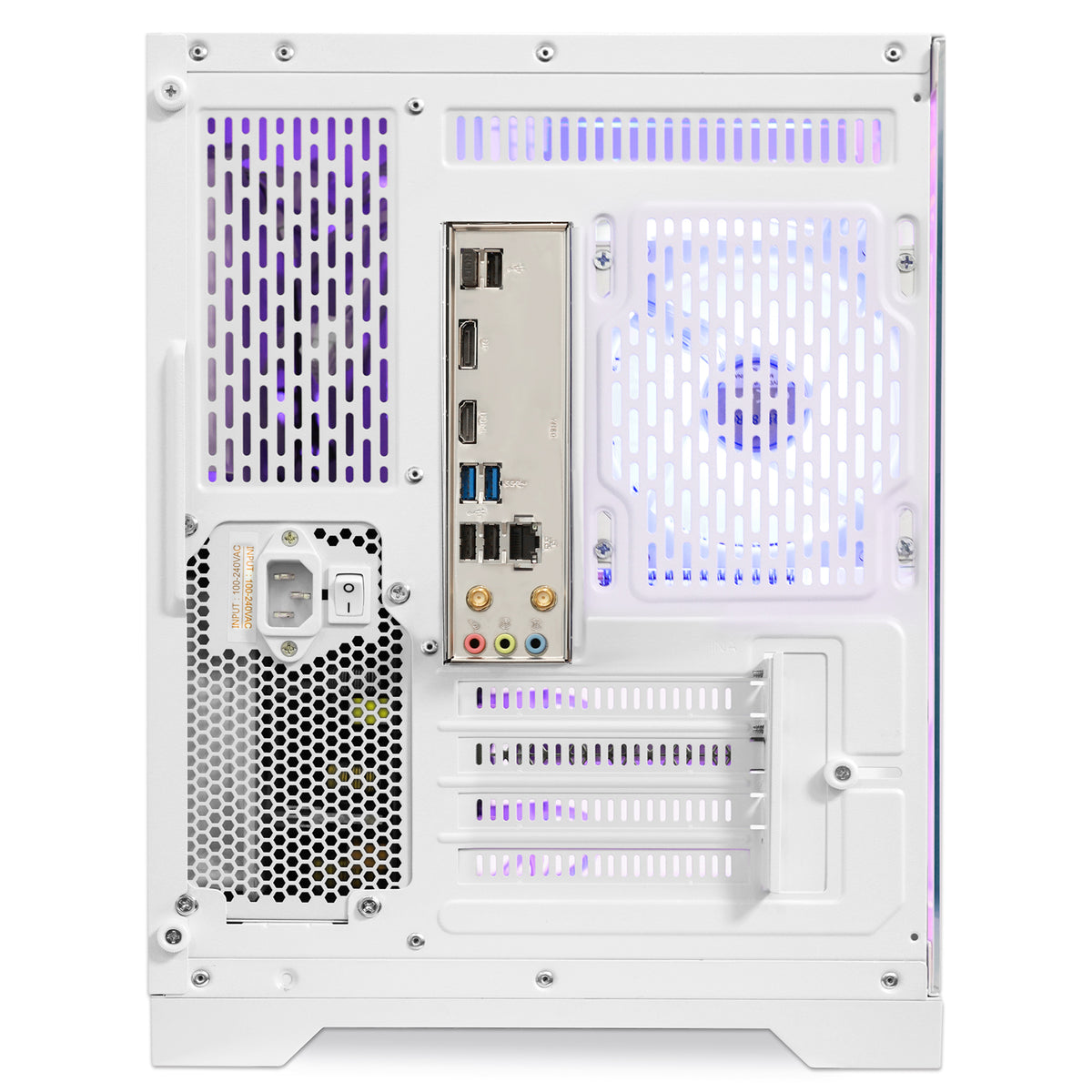 hoengager gaming computer tower showing the interior side panel with multiple ventilation grilles, a front fan, power supply, and rear I/O ports, photographed on a clean white background.