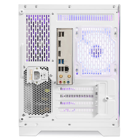 hoengager gaming computer tower showing the interior side panel with multiple ventilation grilles, a front fan, power supply, and rear I/O ports, photographed on a clean white background.