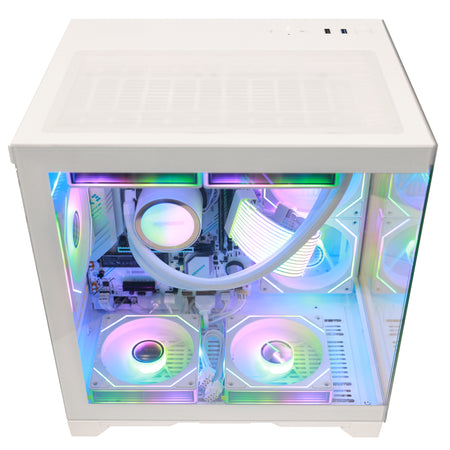 A white hoengager gaming computer with a clear glass side panel, no standalone graphics card, showcasing a custom PC build with RGB liquid cooling and fans inside.