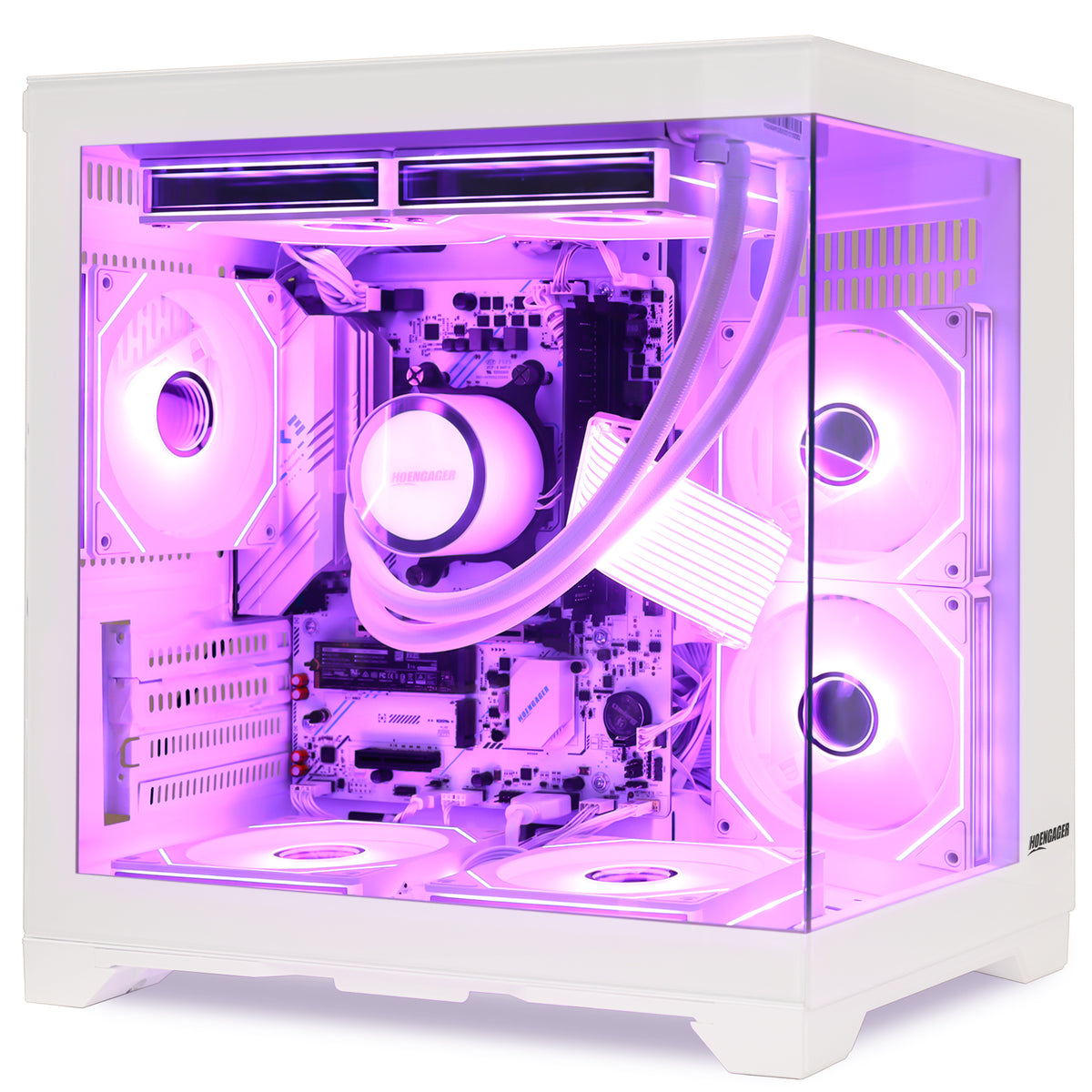 Hoengager Gaming computer Ryzen 7 5700g with a clear side panel, showcasing a custom PC build with a liquid cooler, white motherboard, and multiple RGB fans glowing with purple and pink light inside.