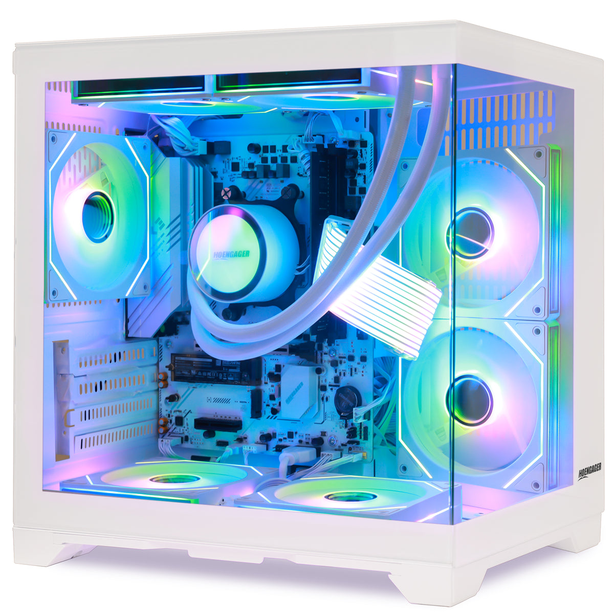 A white Hoengager branded Gaming PC tower with a glass side panel, no standalone graphics card, showcasing a highly customized RGB liquid CPU cooler with multiple illuminated fans and tubing inside.