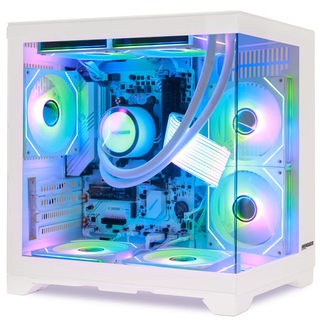 A white Hoengager branded Gaming PC tower with a glass side panel, no standalone graphics card, showcasing a highly customized RGB liquid CPU cooler with multiple illuminated fans and tubing inside.