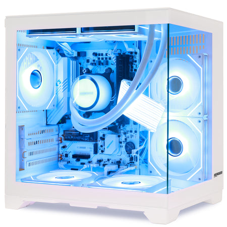 Hoengager Panorama No dedicated GPU gaming pc tower with a clear glass side panel, showcasing a highly illuminated blue and white internal liquid CPU cooler setup with multiple RGB fan lights.