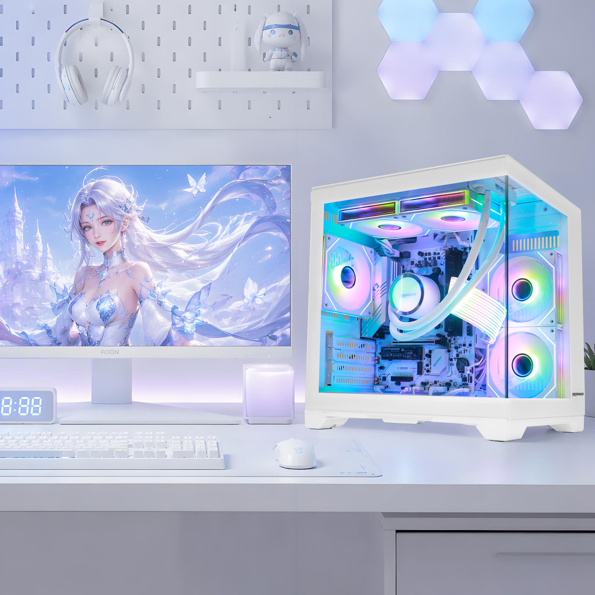 Hoengager Ryzen 7 5700G without standalone graphics card PC tower with glowing RGB fans and liquid cooling sits on a desk next to a matching white monitor displaying an anime character. The setup is styled in a clean, modern room with a white pegboard and hexagonal wall lights.