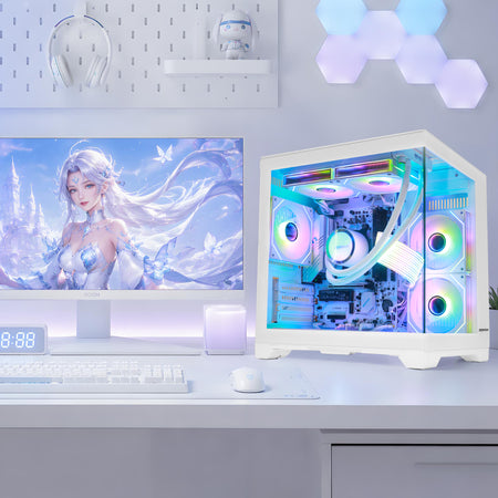 Hoengager Ryzen 7 5700G without standalone graphics card PC tower with glowing RGB fans and liquid cooling sits on a desk next to a matching white monitor displaying an anime character. The setup is styled in a clean, modern room with a white pegboard and hexagonal wall lights.
