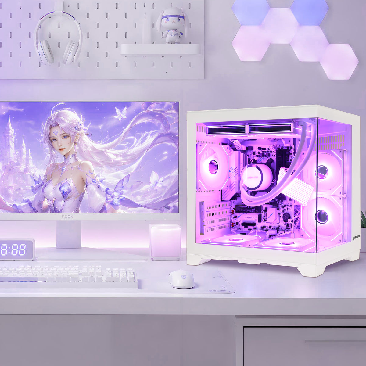 A white Hoengager Panorama series gaming desktop PC tower with Ryzen 5700G but no standalone graphics card with a transparent side panel and bright pink-purple internal LED lighting, shown next to a matching white monitor, keyboard, mouse, and desk accessories in a styled home office setup.