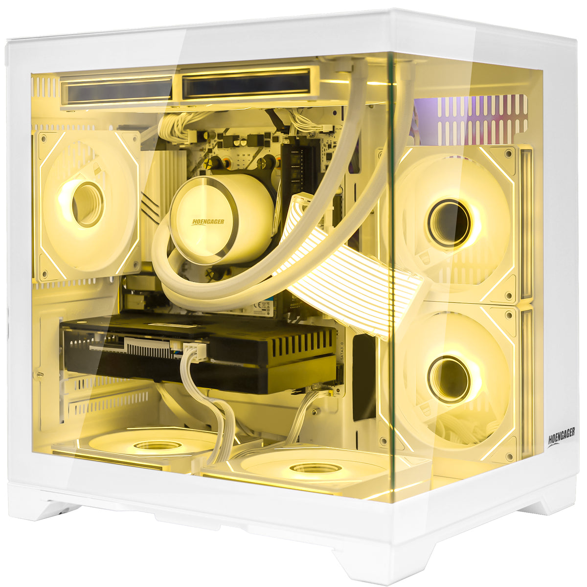 White Hoengager Panorama prebuilt PC powered by Ryzen 7 5700X and RTX 3050 with warm golden RGB fan glow
