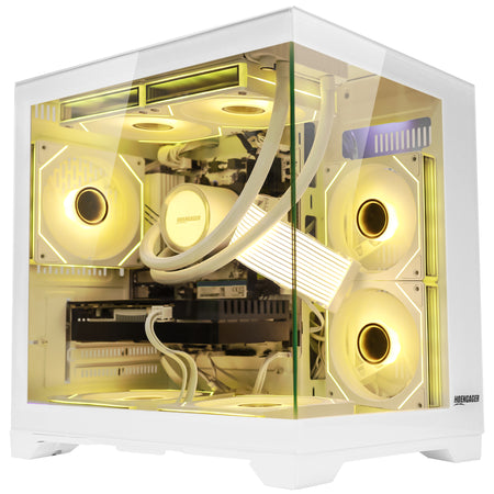 Hoengager Panorama desktop gaming computer with AMD Ryzen 7 5700X, RTX 3050, and neon yellow RGB fans