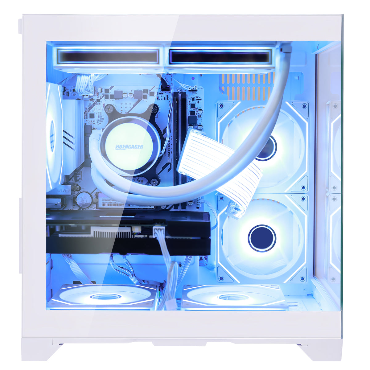 Side panel view of Hoengager Panorama gaming PC with AMD Ryzen 7 5700X, RTX 3050, and cool blue ARGB liquid cooler